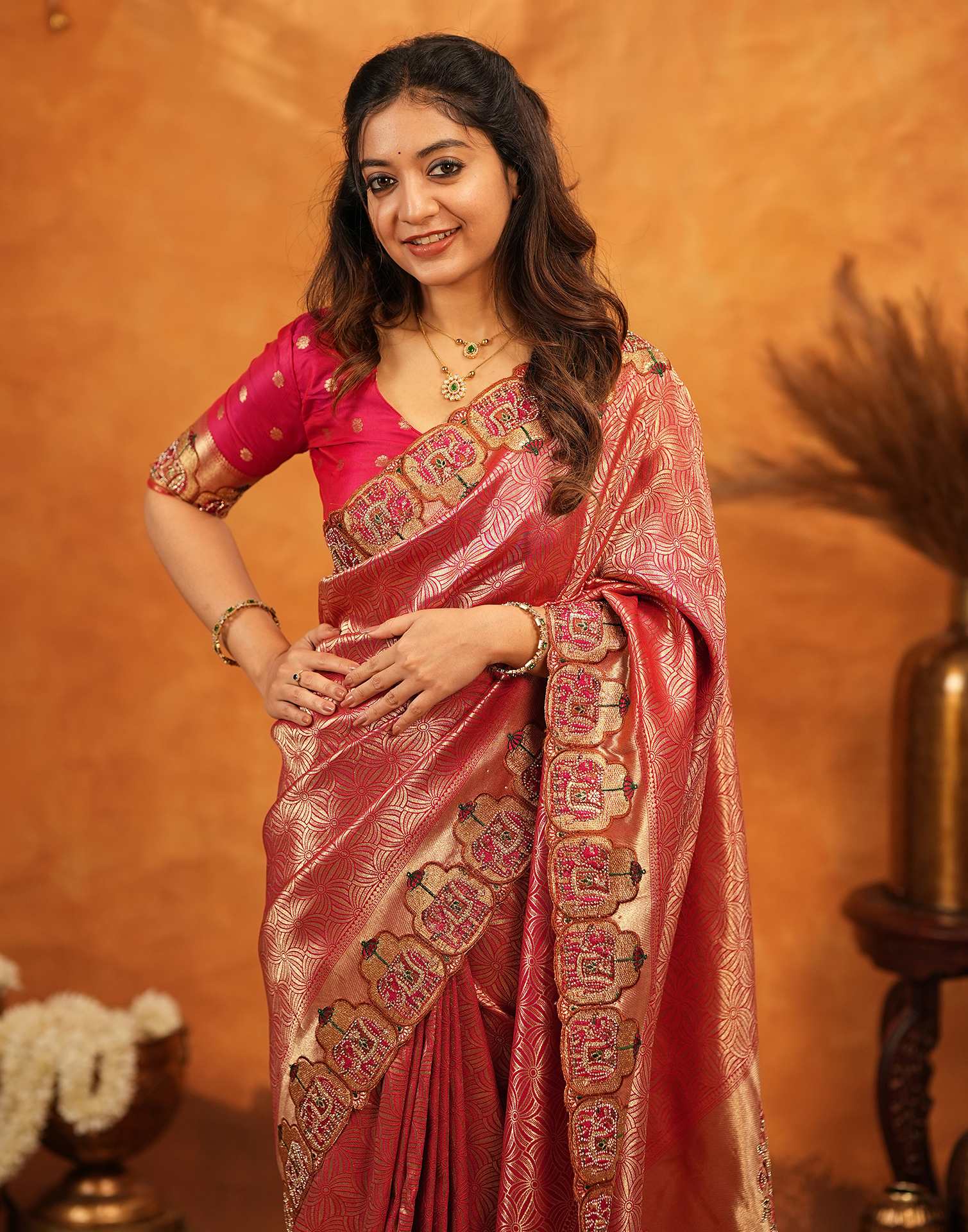 Dark Pink Silk Woven Embroidery Stone Work Banarasi Saree