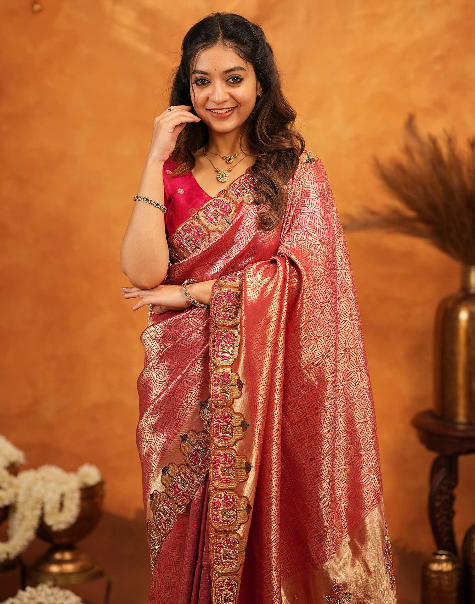 Dark Pink Silk Woven Embroidery Stone Work Banarasi Saree