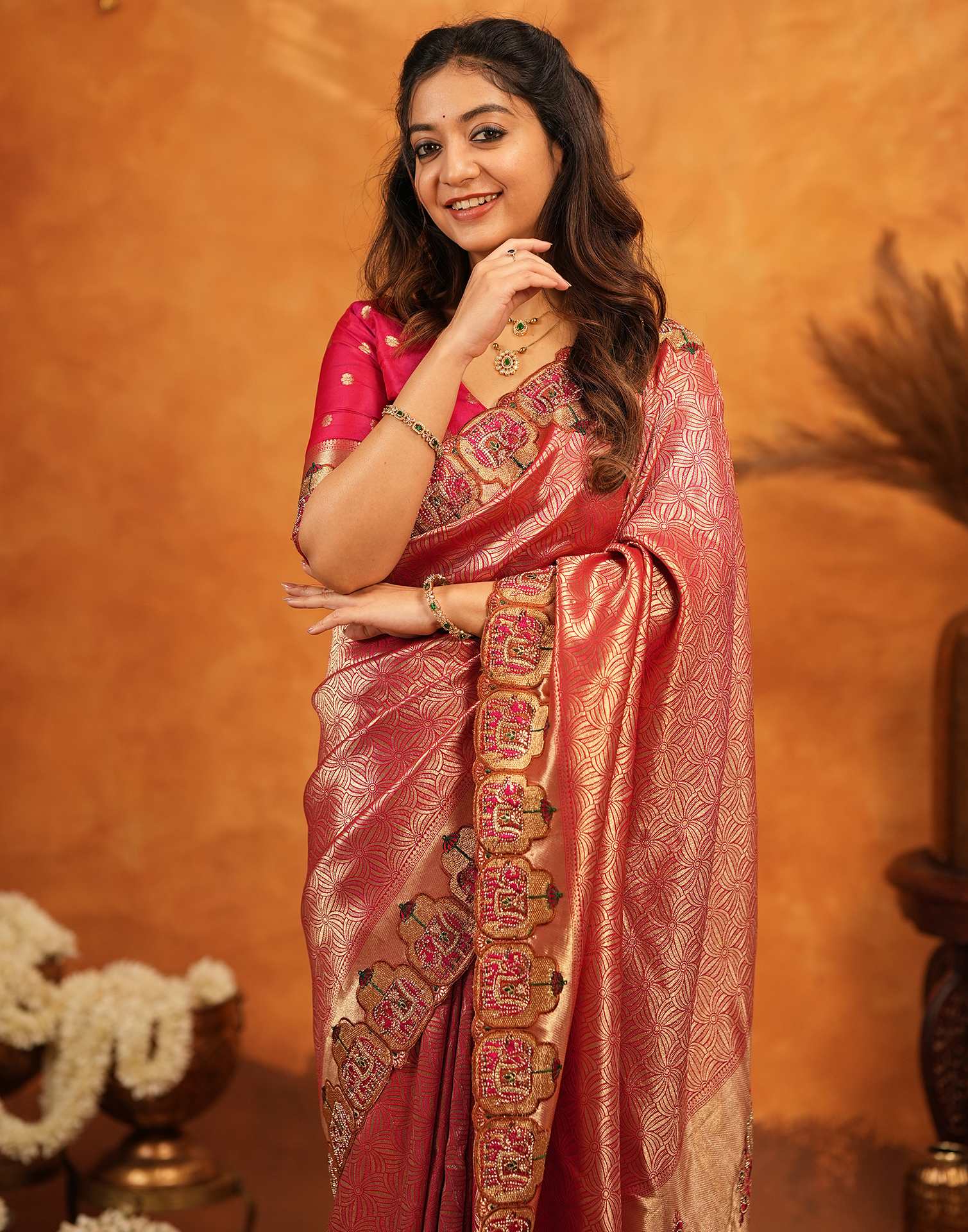 Dark Pink Silk Woven Embroidery Stone Work Banarasi Saree