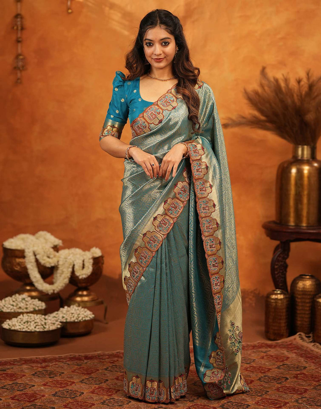 Teal Blue Silk Woven Embroidery Stone Work Banarasi Saree