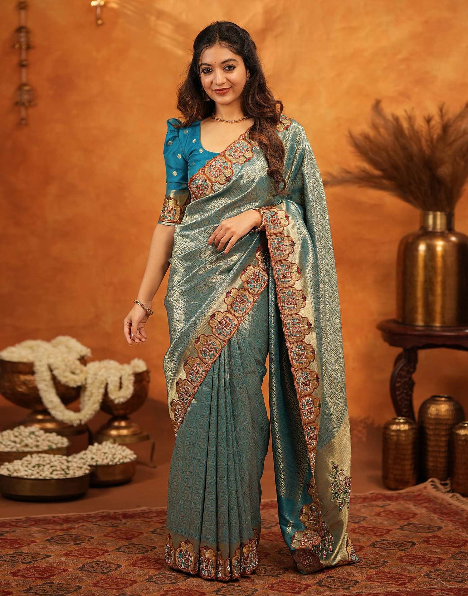 Teal Blue Silk Woven Embroidery Stone Work Banarasi Saree