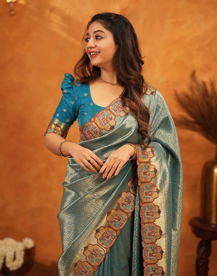 Teal Blue Silk Woven Embroidery Stone Work Banarasi Saree