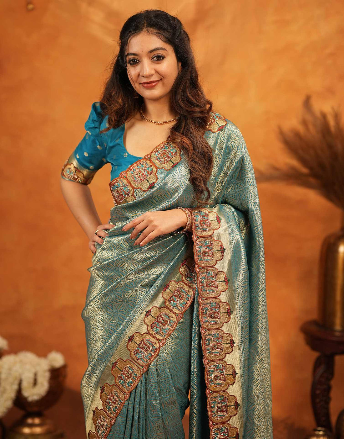 Teal Blue Silk Woven Embroidery Stone Work Banarasi Saree