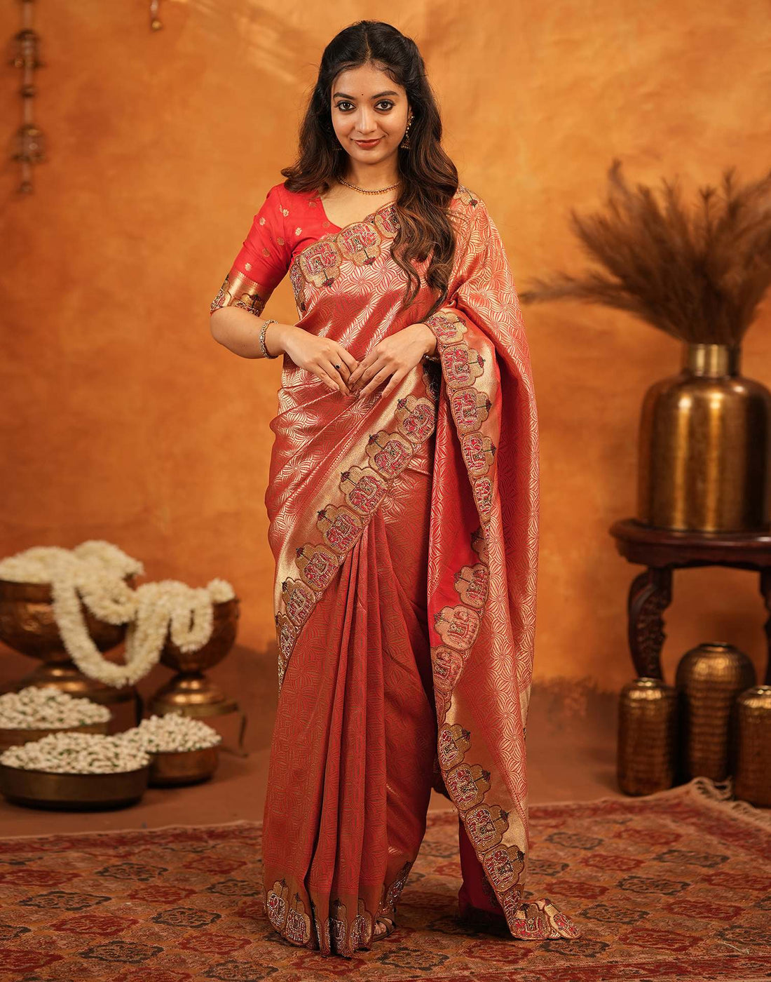 Red Silk Woven Embroidery Stone Work Banarasi Saree