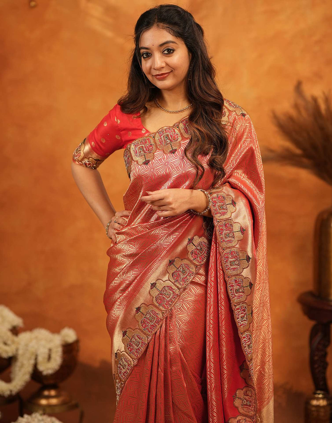 Red Silk Woven Embroidery Stone Work Banarasi Saree