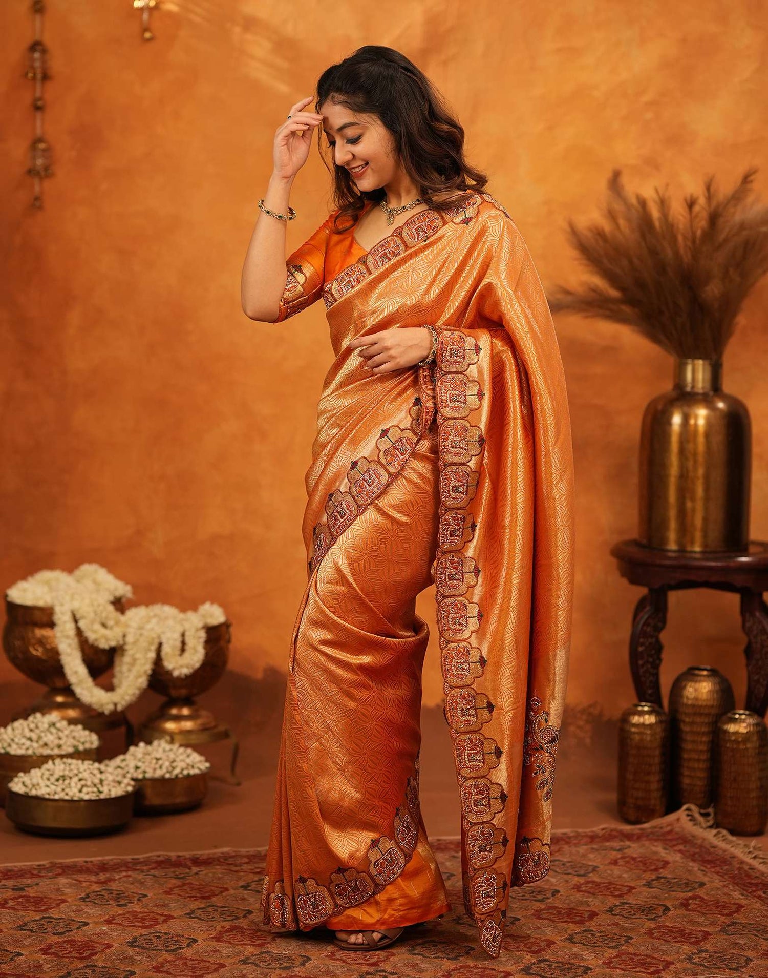 Orange Silk Woven Embroidery Stone Work Banarasi Saree