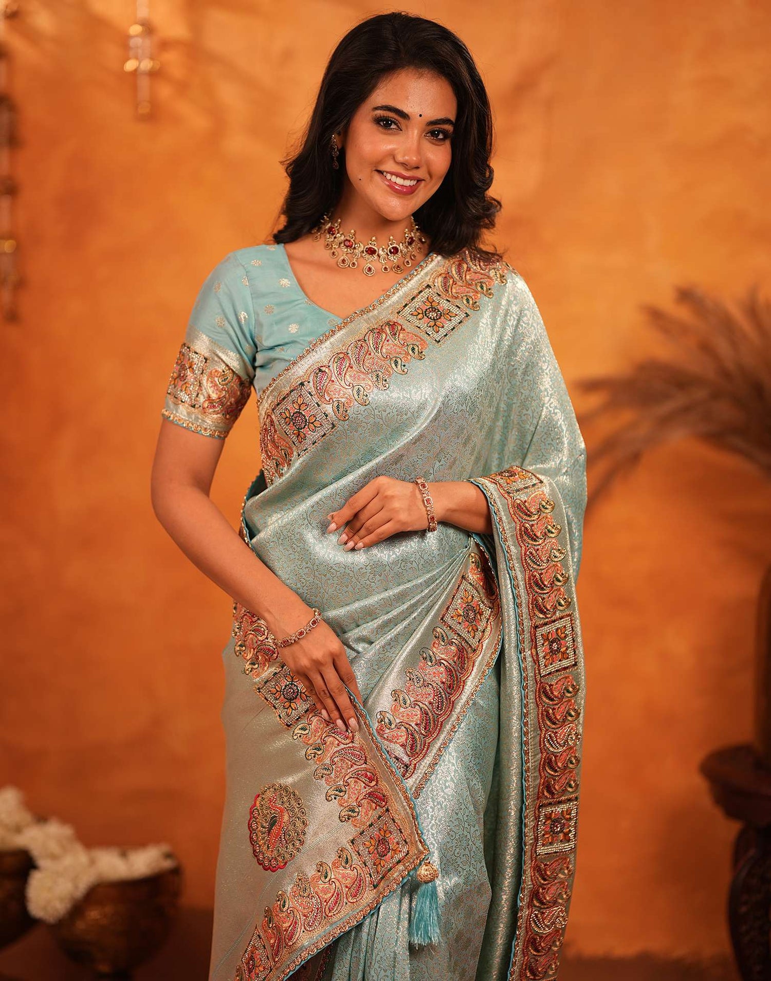 Turquoise Silk Woven Embroidery Stone Work Banarasi Saree