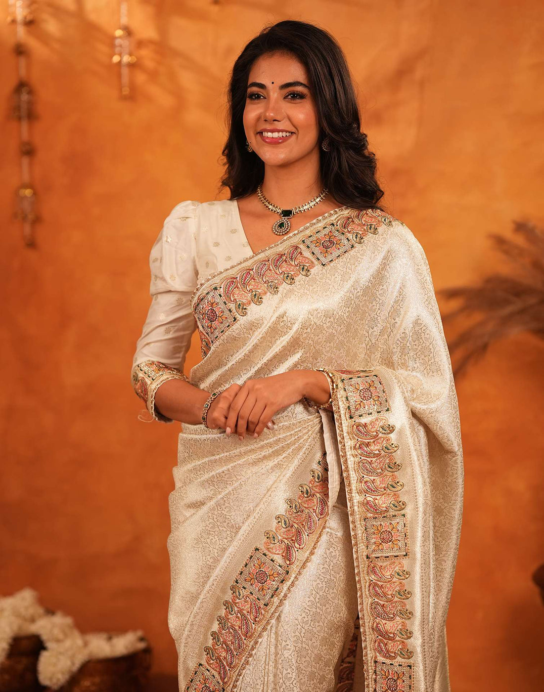 Off White Silk Woven Embroidery Stone Work Banarasi Saree