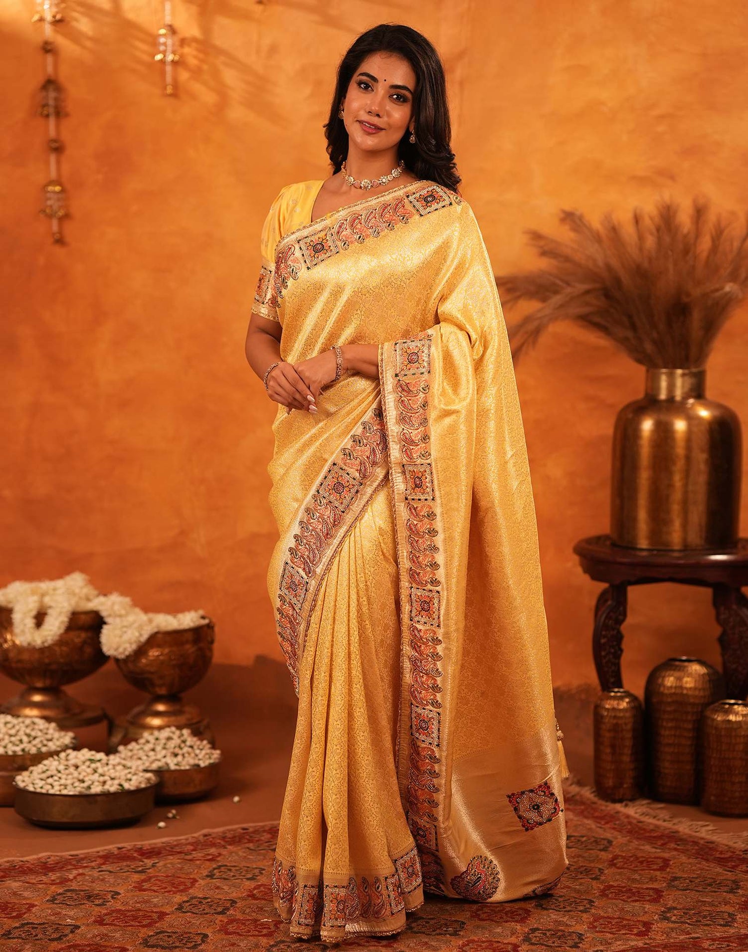 Light Yellow Silk Woven Embroidery Stone Work Banarasi Saree