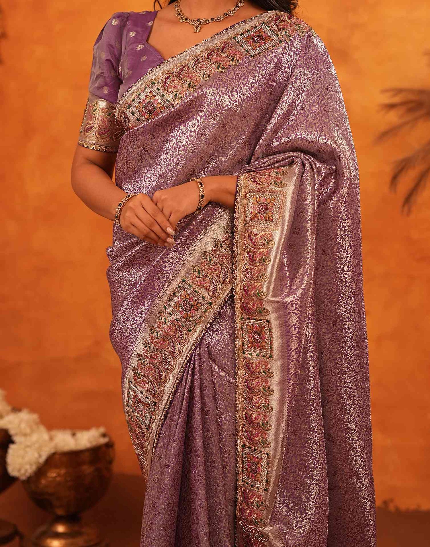 Dusty Purple Silk Woven Embroidery Stone Work Banarasi Saree