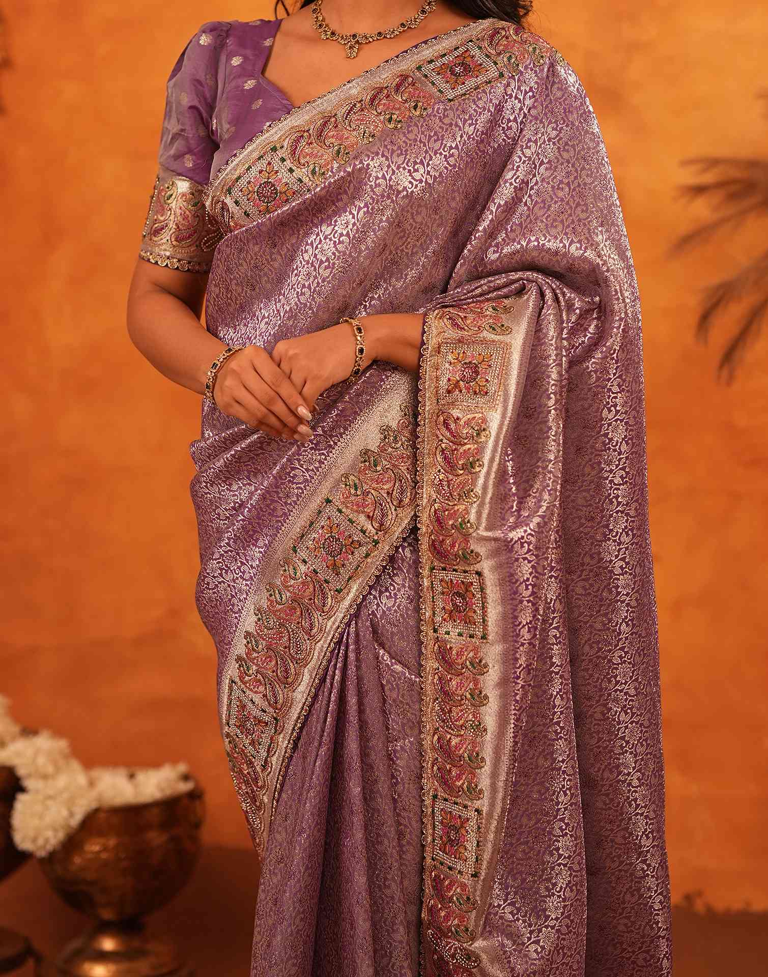Dusty Purple Silk Woven Embroidery Stone Work Banarasi Saree