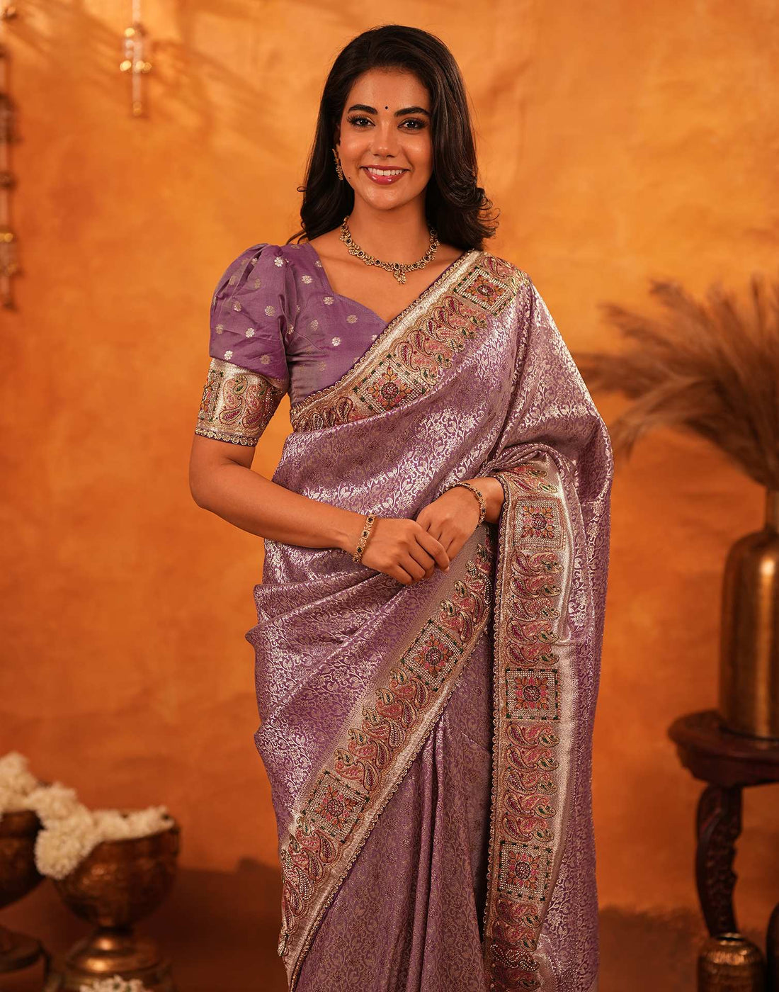 Dusty Purple Silk Woven Embroidery Stone Work Banarasi Saree