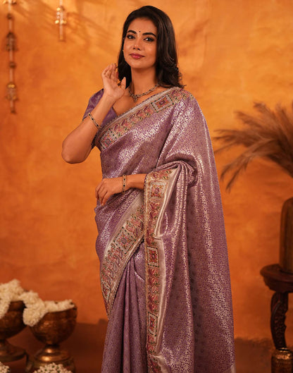 Dusty Purple Silk Woven Embroidery Stone Work Banarasi Saree