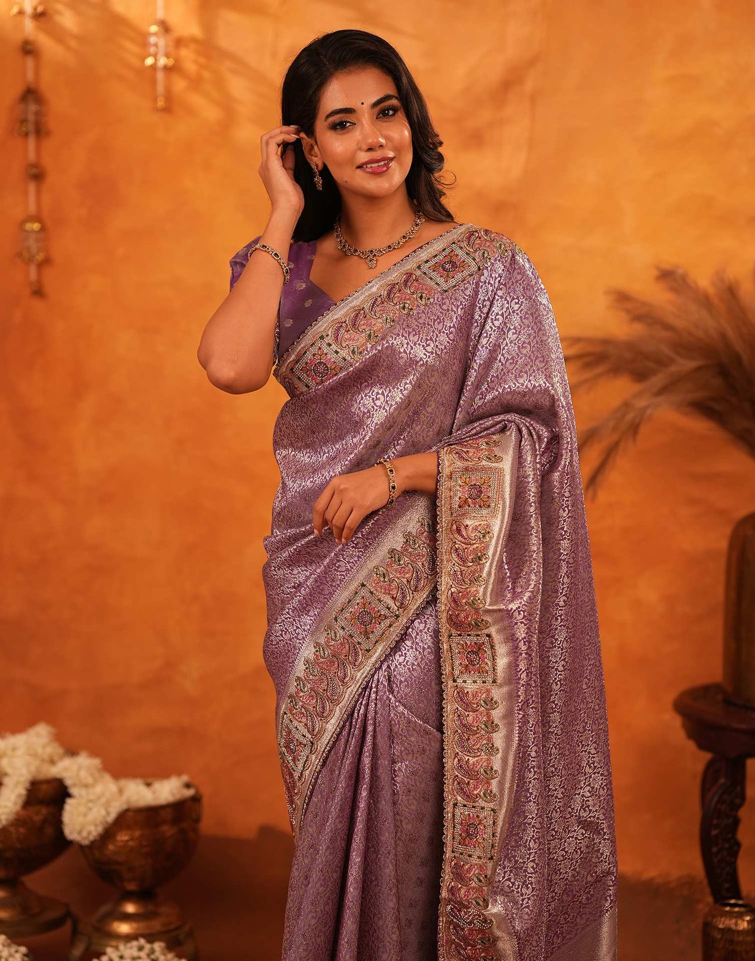 Dusty Purple Silk Woven Embroidery Stone Work Banarasi Saree
