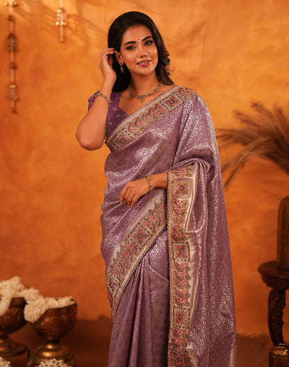 Dusty Purple Silk Woven Embroidery Stone Work Banarasi Saree