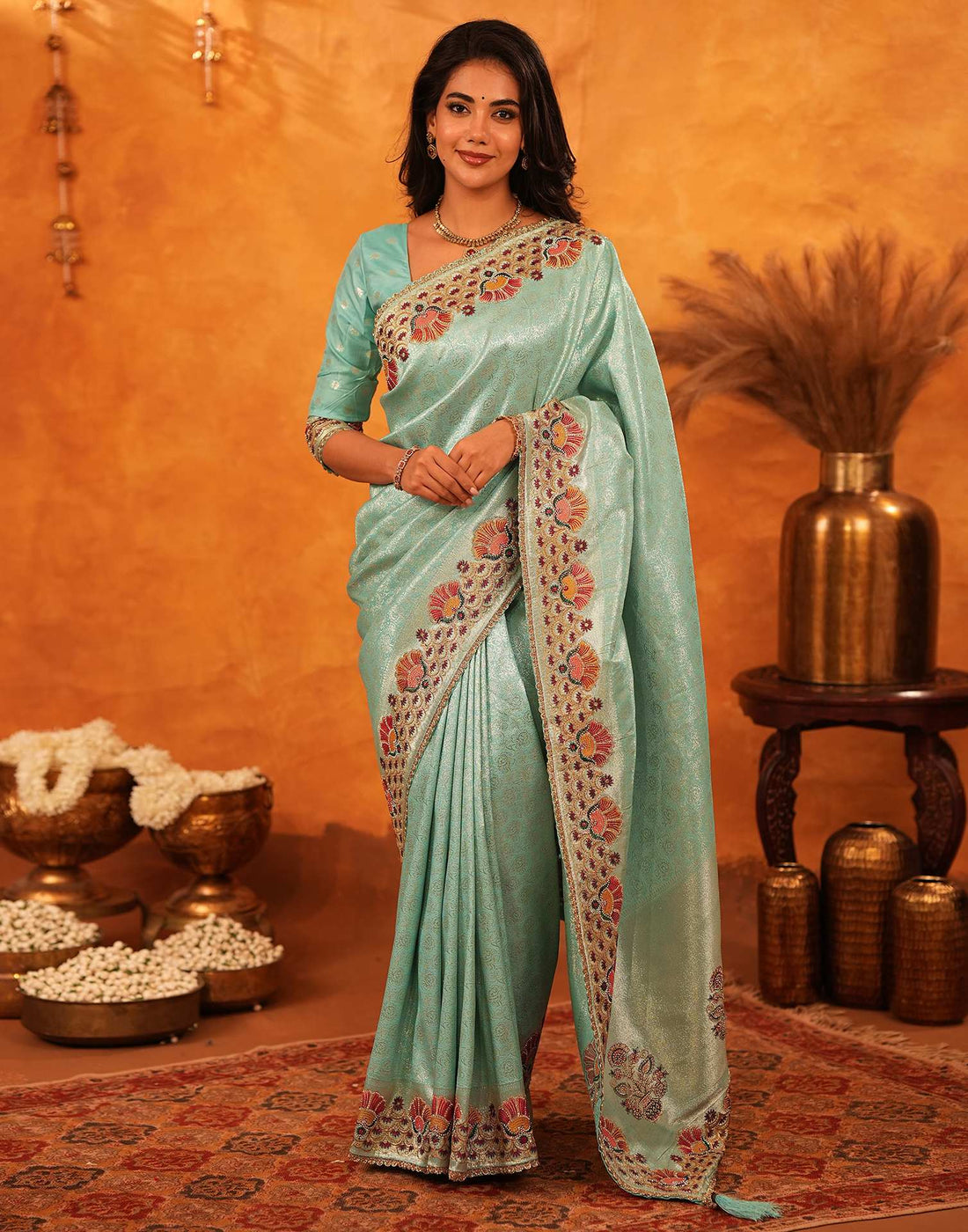 Turquoise Silk Woven Embroidery Stone Work Banarasi Saree