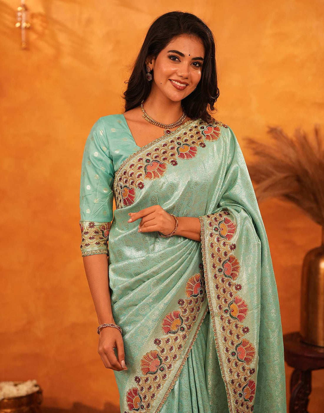 Turquoise Silk Woven Embroidery Stone Work Banarasi Saree