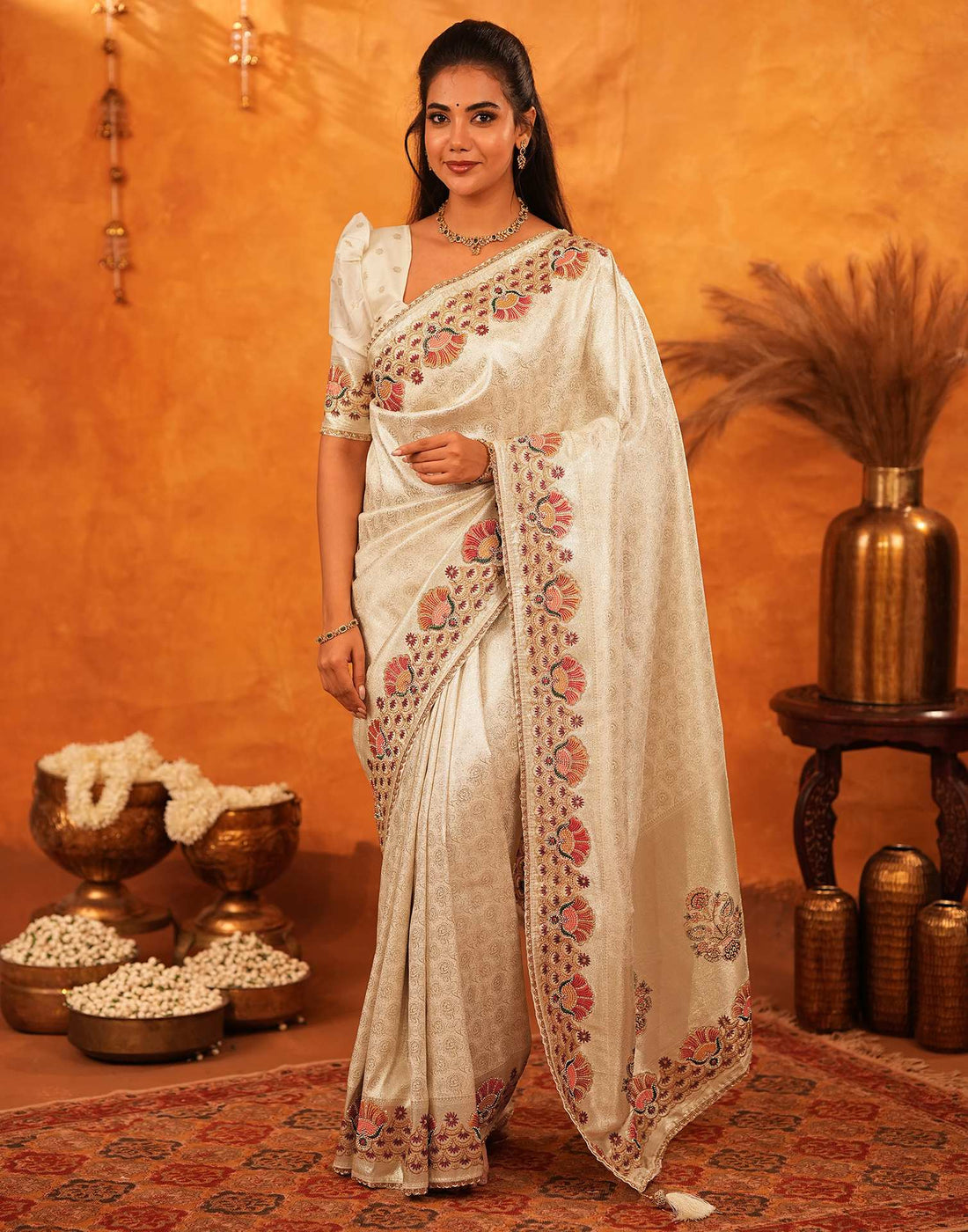 Off White Silk Woven Embroidery Stone Work Banarasi Saree