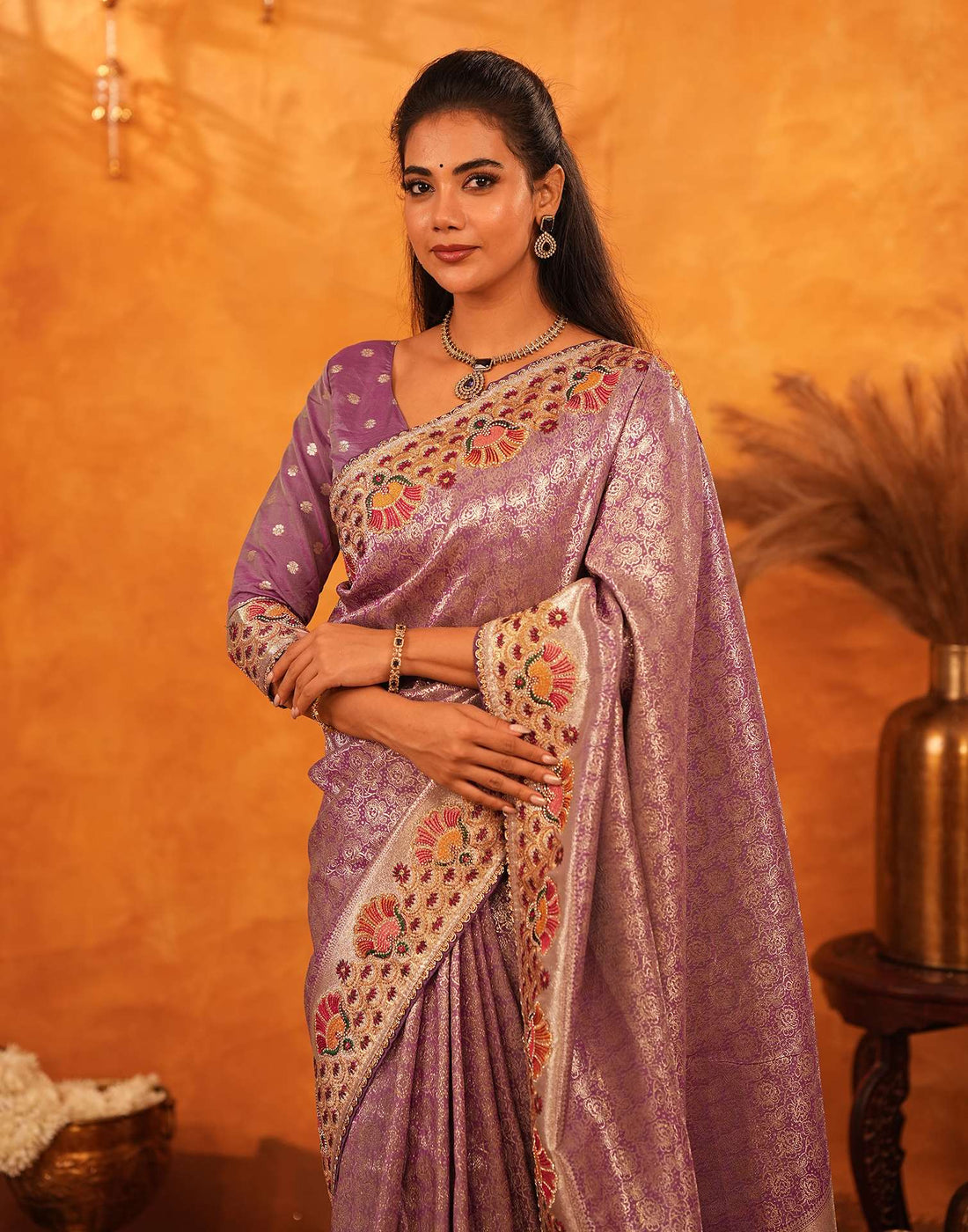 Dusty Purple Silk Woven Embroidery Stone Work Banarasi Saree