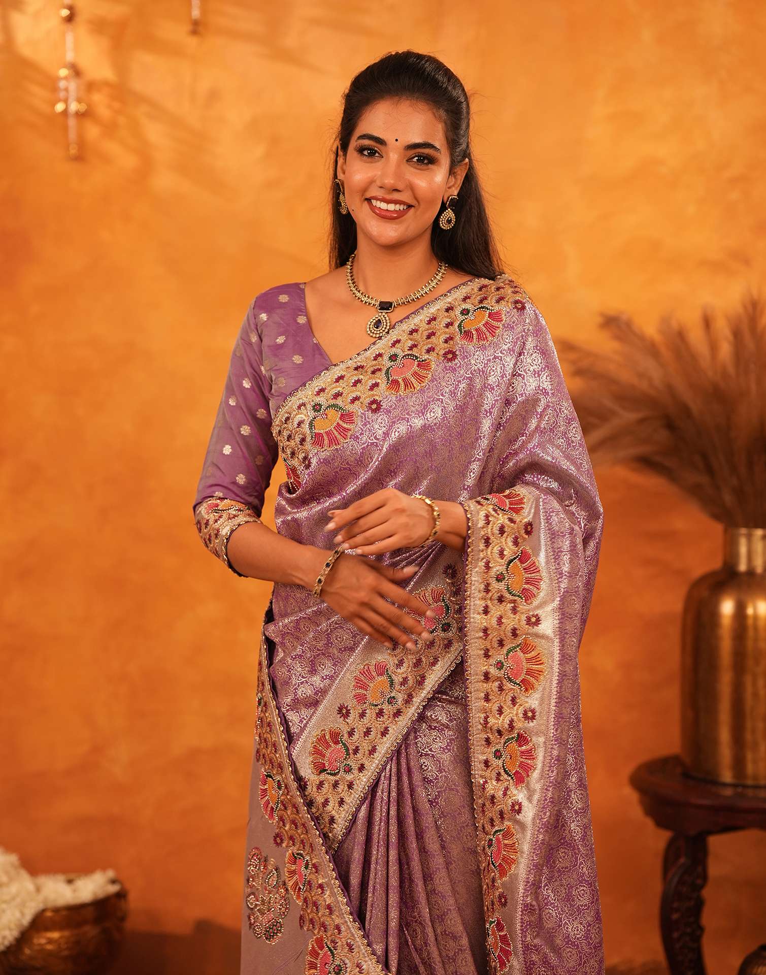 Dusty Purple Silk Woven Embroidery Stone Work Banarasi Saree