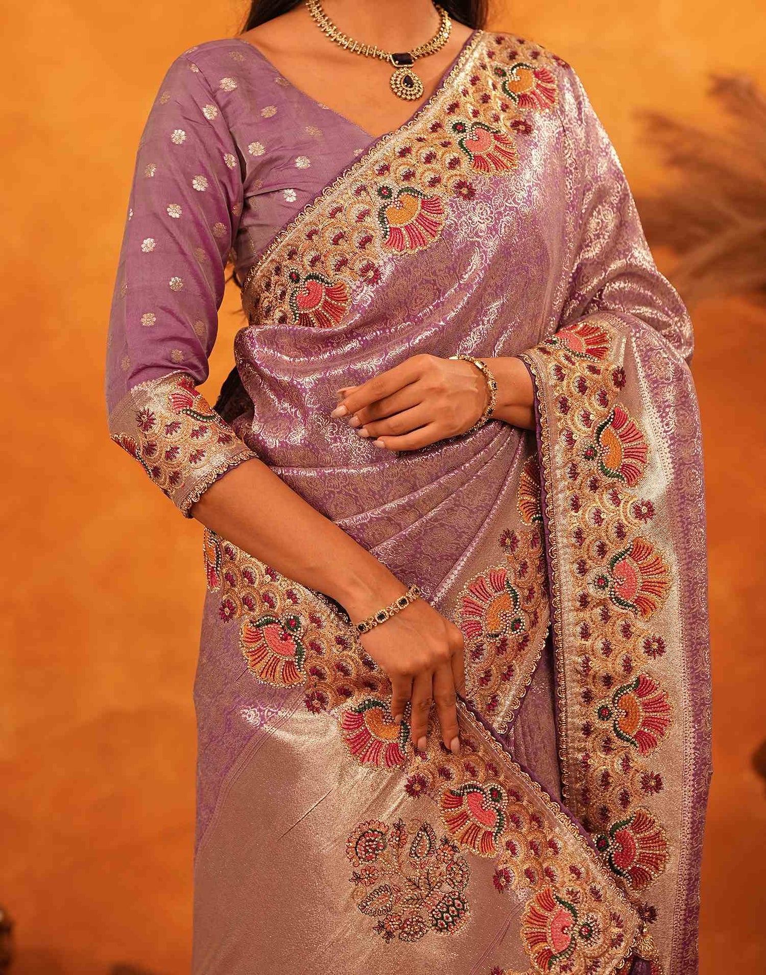 Dusty Purple Silk Woven Embroidery Stone Work Banarasi Saree