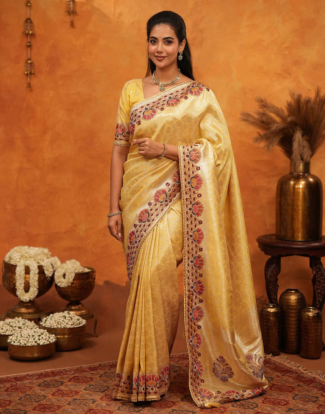 Light Yellow Silk Woven Embroidery Stone Work Banarasi Saree