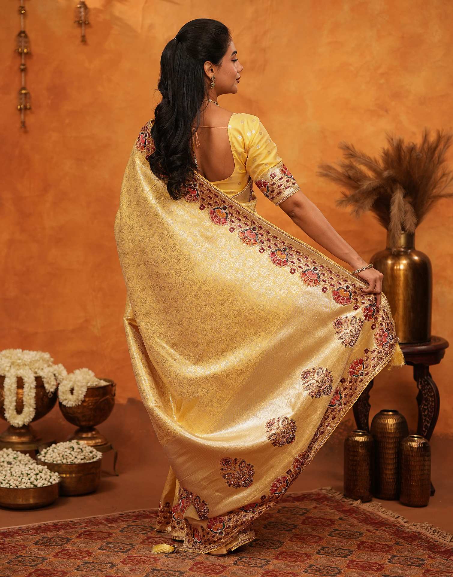 Light Yellow Silk Woven Embroidery Stone Work Banarasi Saree