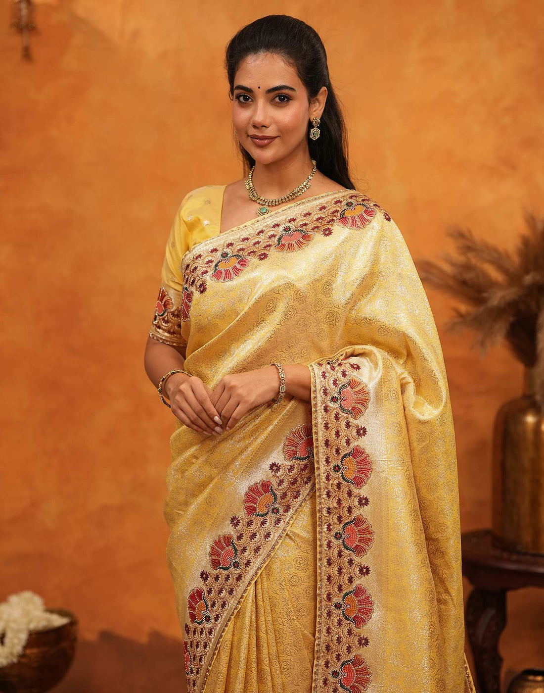 Light Yellow Silk Woven Embroidery Stone Work Banarasi Saree