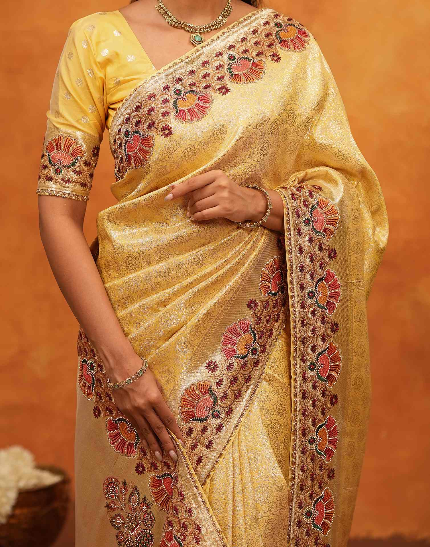 Light Yellow Silk Woven Embroidery Stone Work Banarasi Saree