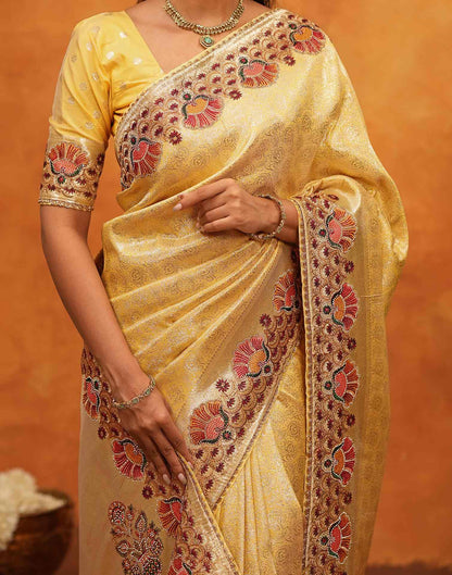 Light Yellow Silk Woven Embroidery Stone Work Banarasi Saree