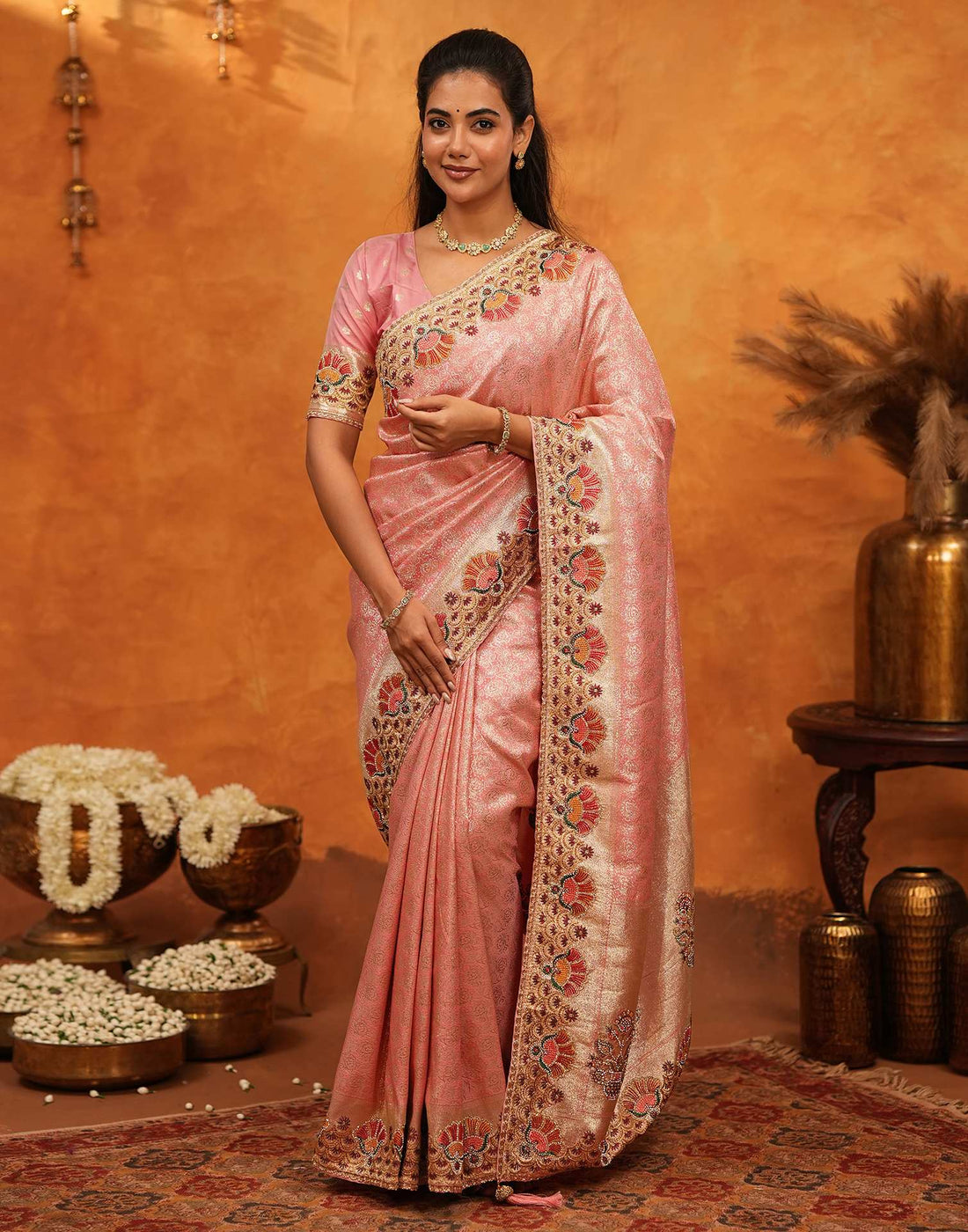 Light Pink Silk Woven Embroidery Stone Work Banarasi Saree