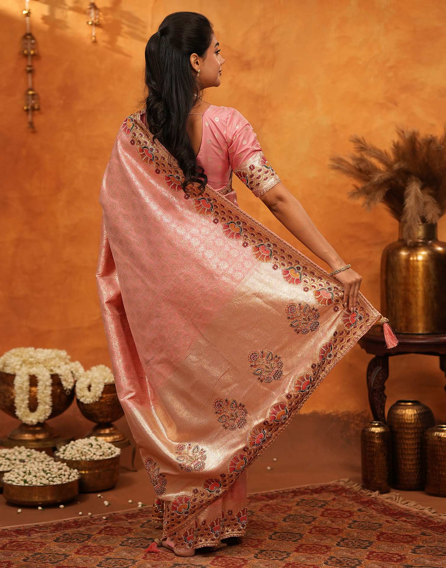 Light Pink Silk Woven Embroidery Stone Work Banarasi Saree