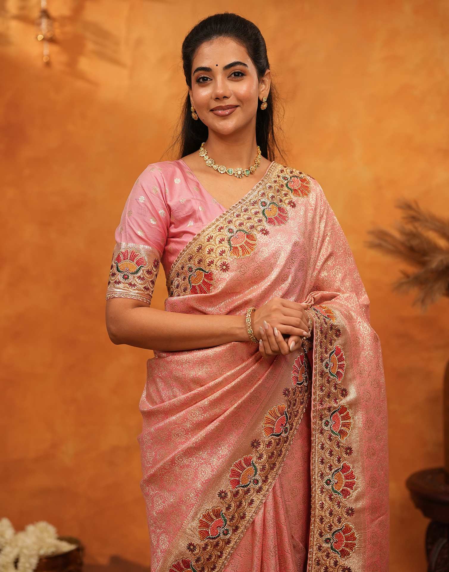 Light Pink Silk Woven Embroidery Stone Work Banarasi Saree