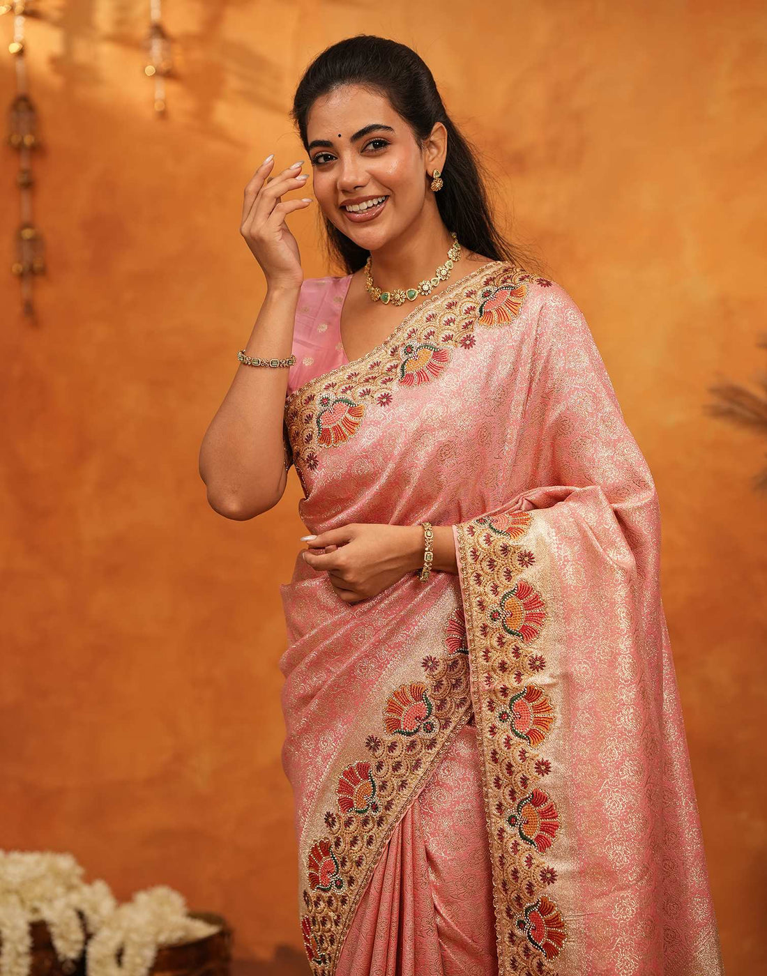 Light Pink Silk Woven Embroidery Stone Work Banarasi Saree