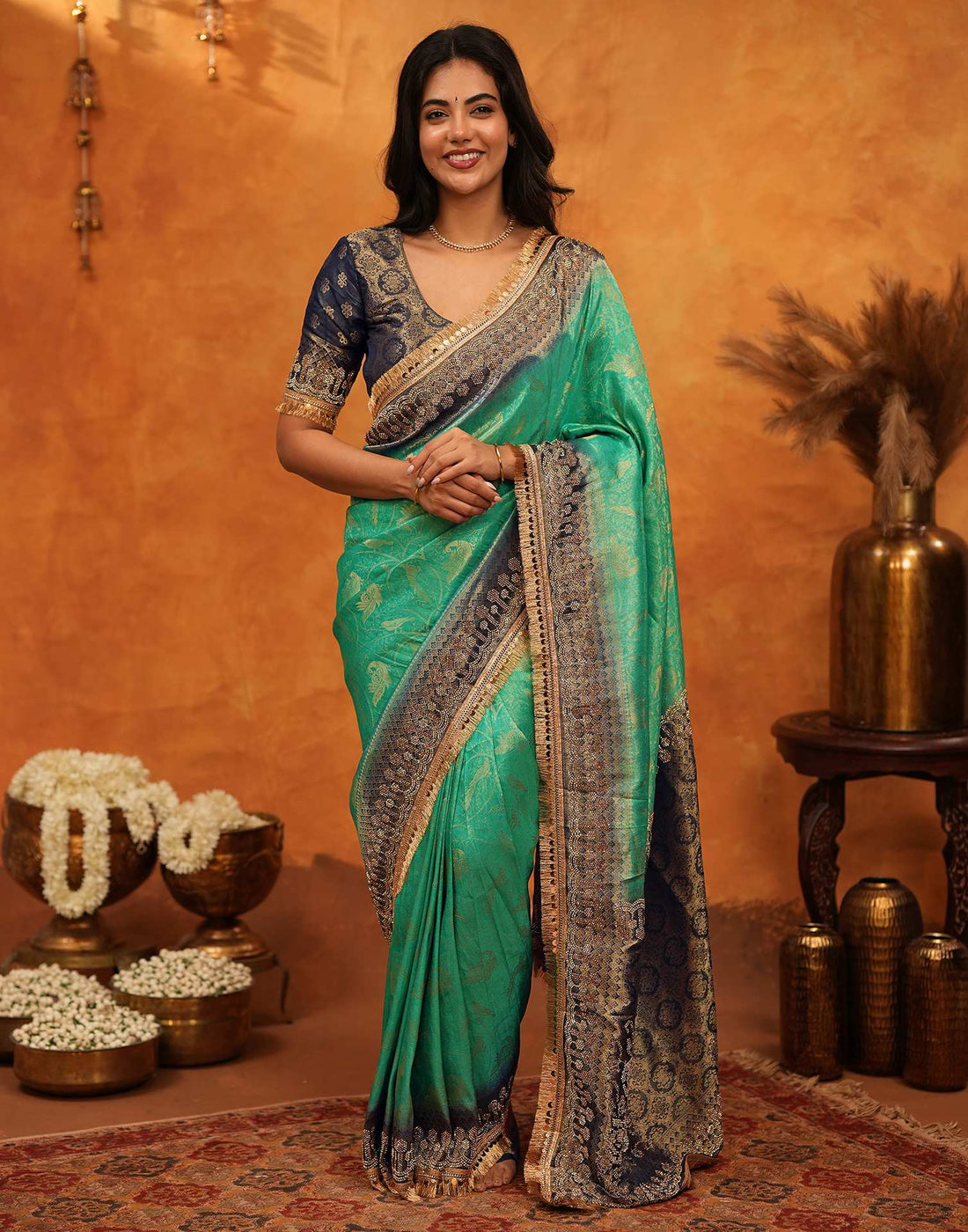 Rama Green Silk Woven Stone Work Banarasi Saree