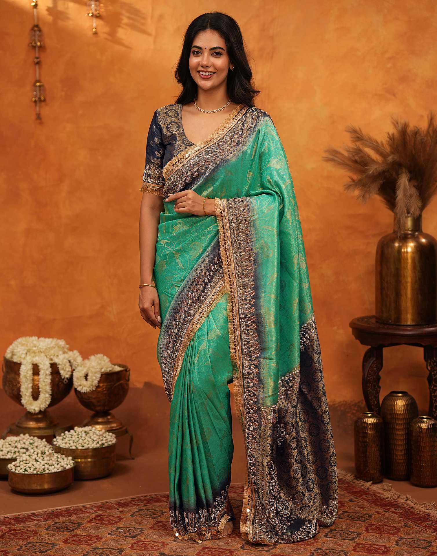 Rama Green Silk Woven Stone Work Banarasi Saree