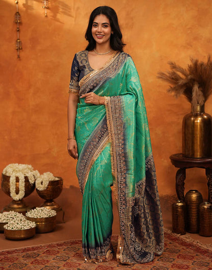 Rama Green Silk Woven Stone Work Banarasi Saree