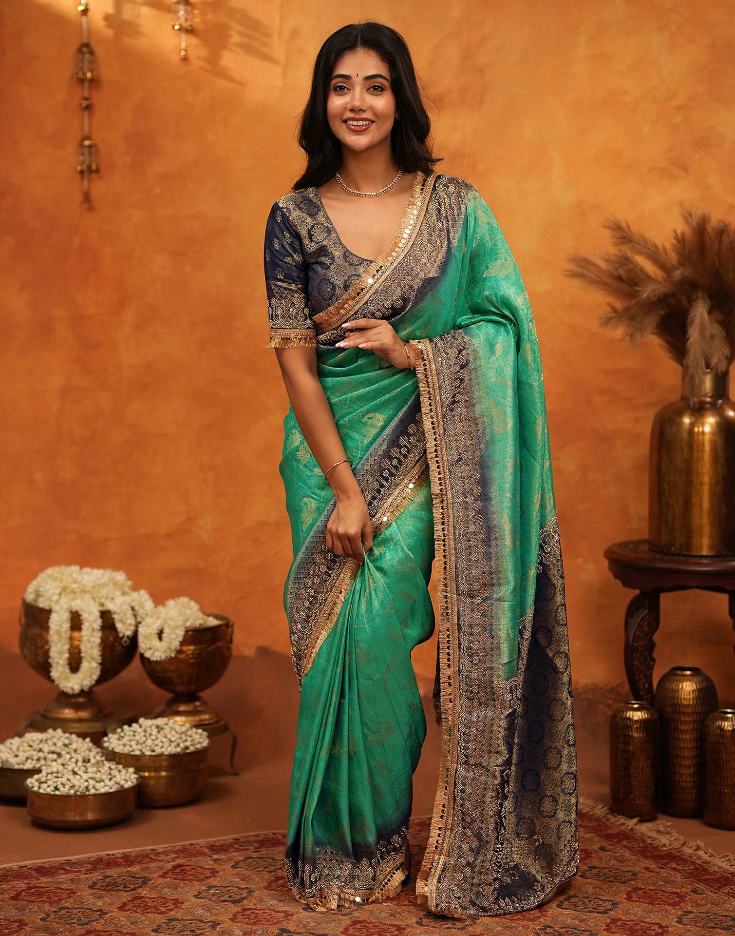 Rama Green Silk Woven Stone Work Banarasi Saree