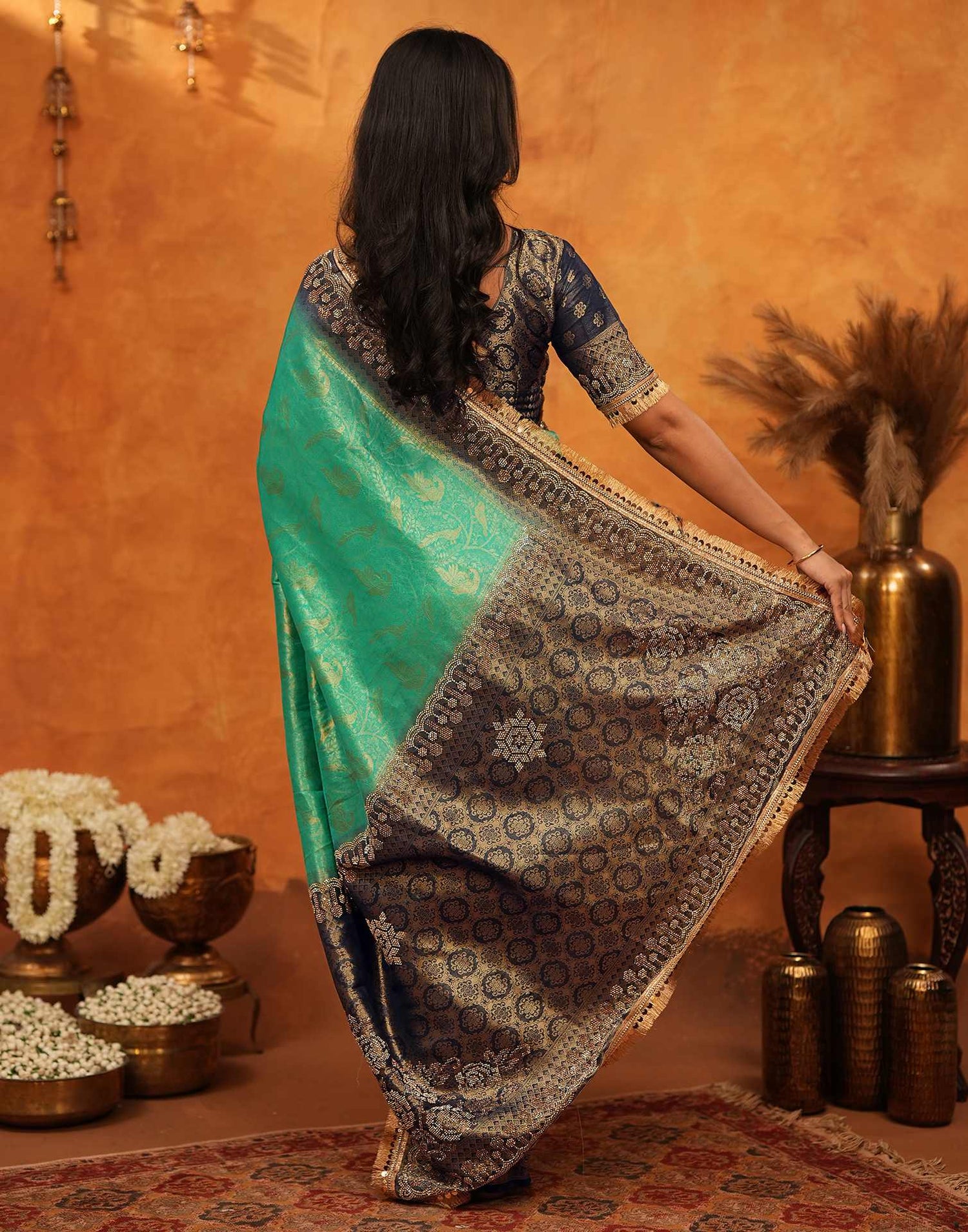 Rama Green Silk Woven Stone Work Banarasi Saree