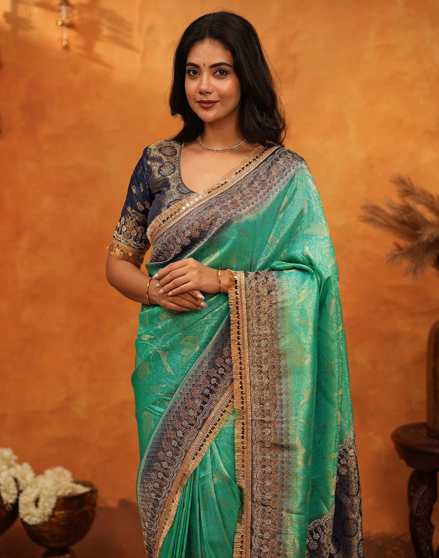 Rama Green Silk Woven Stone Work Banarasi Saree