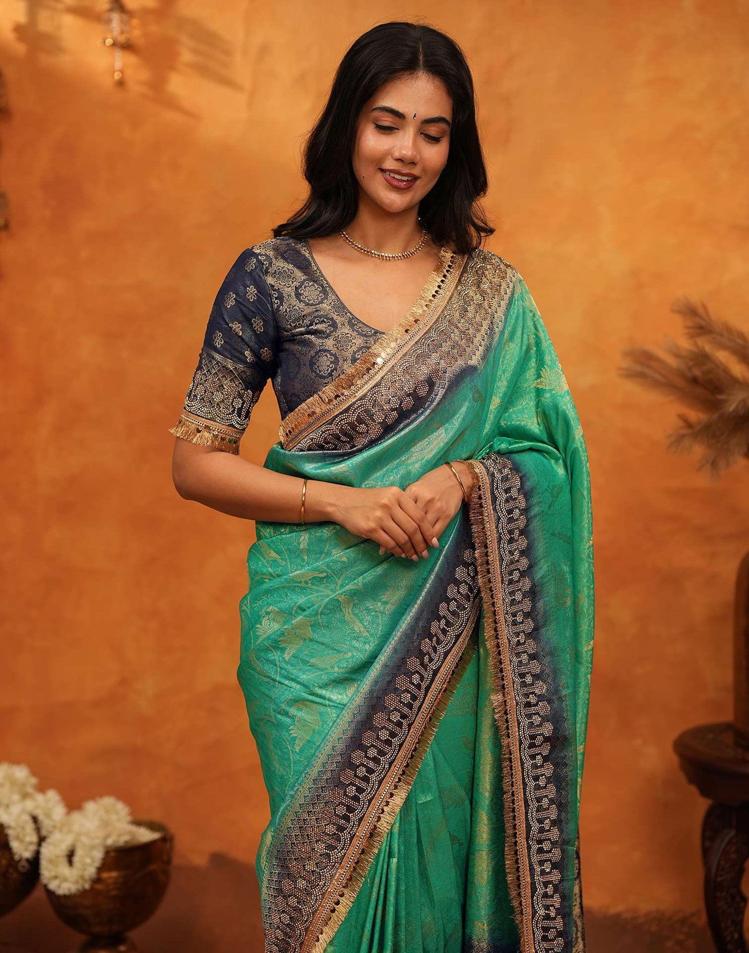 Rama Green Silk Woven Stone Work Banarasi Saree