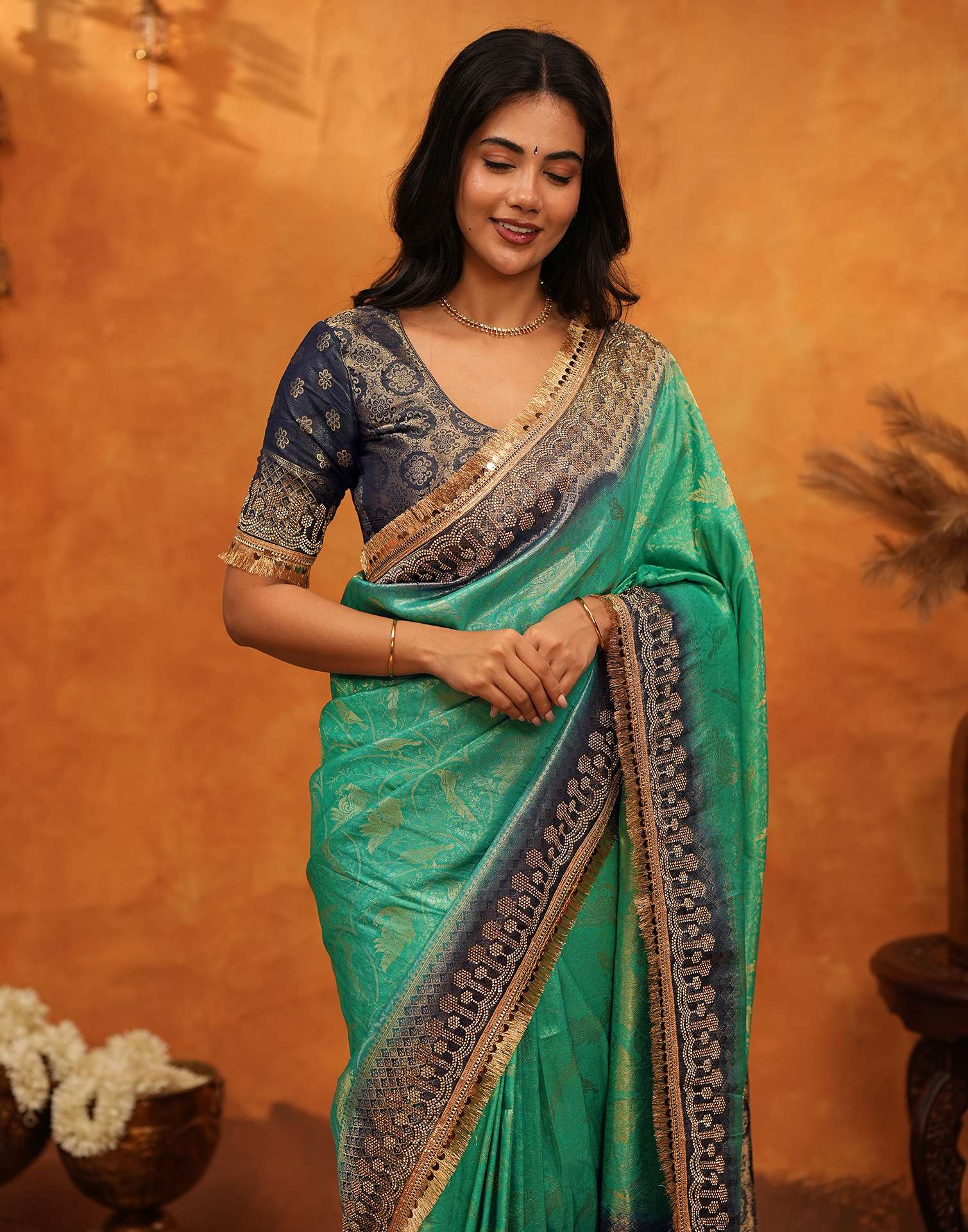 Rama Green Silk Woven Stone Work Banarasi Saree