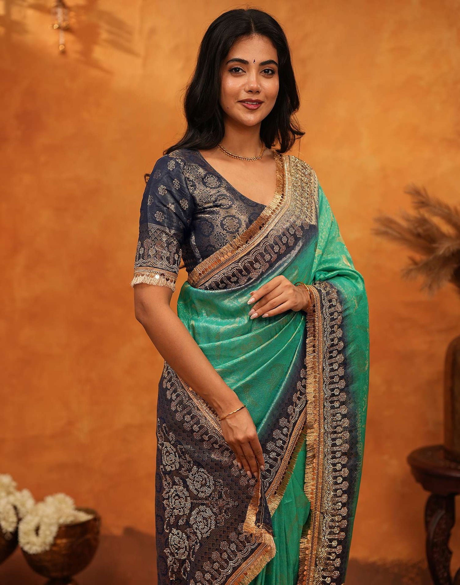 Rama Green Silk Woven Stone Work Banarasi Saree