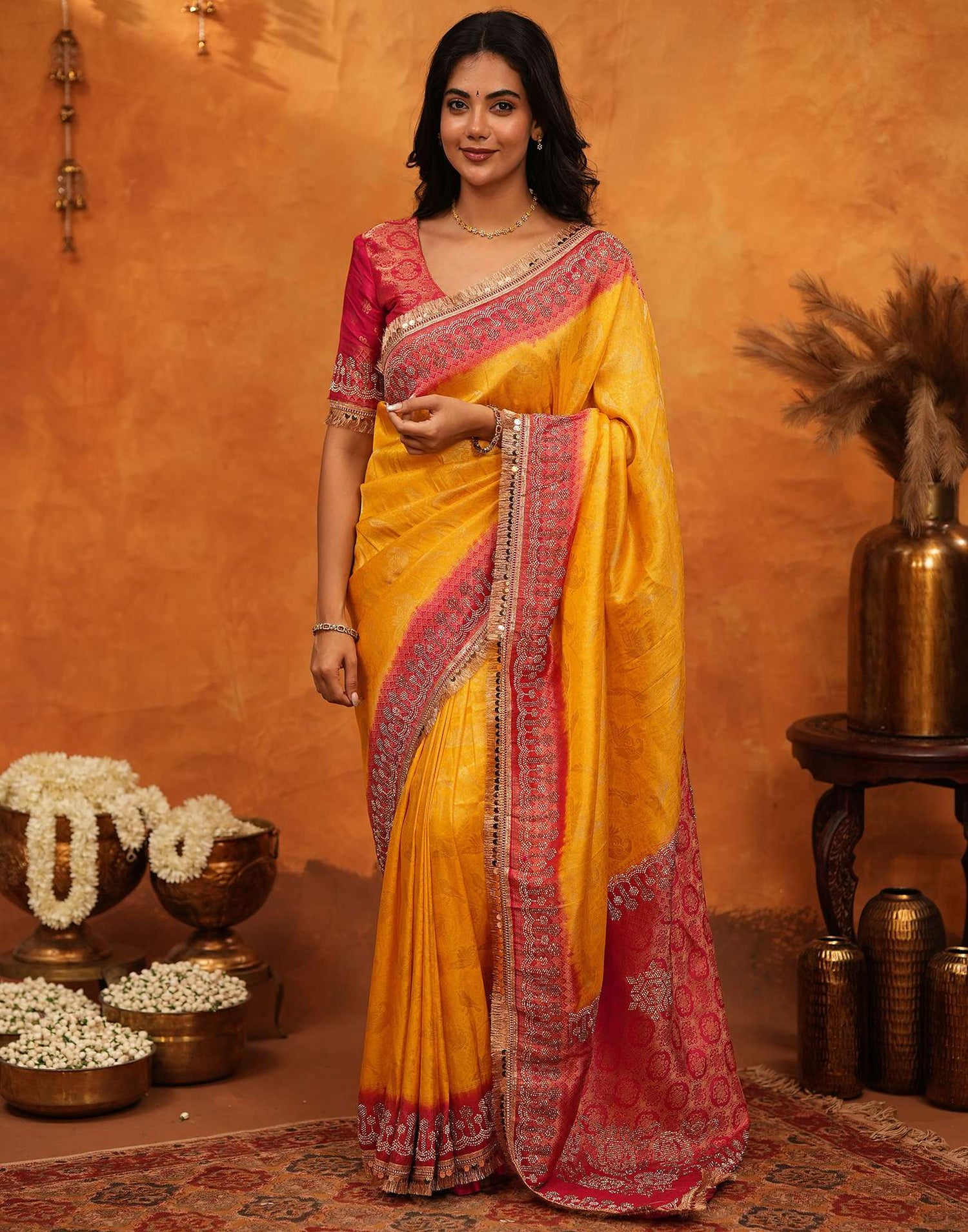 Yellow Silk Woven Stone Work Banarasi Saree