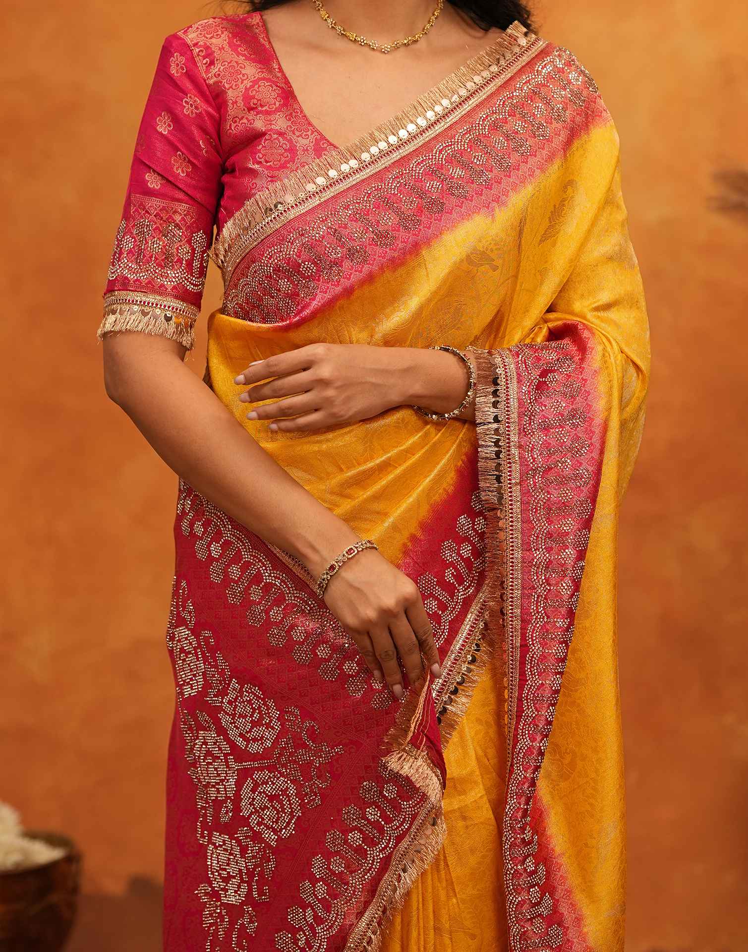 Yellow Silk Woven Stone Work Banarasi Saree