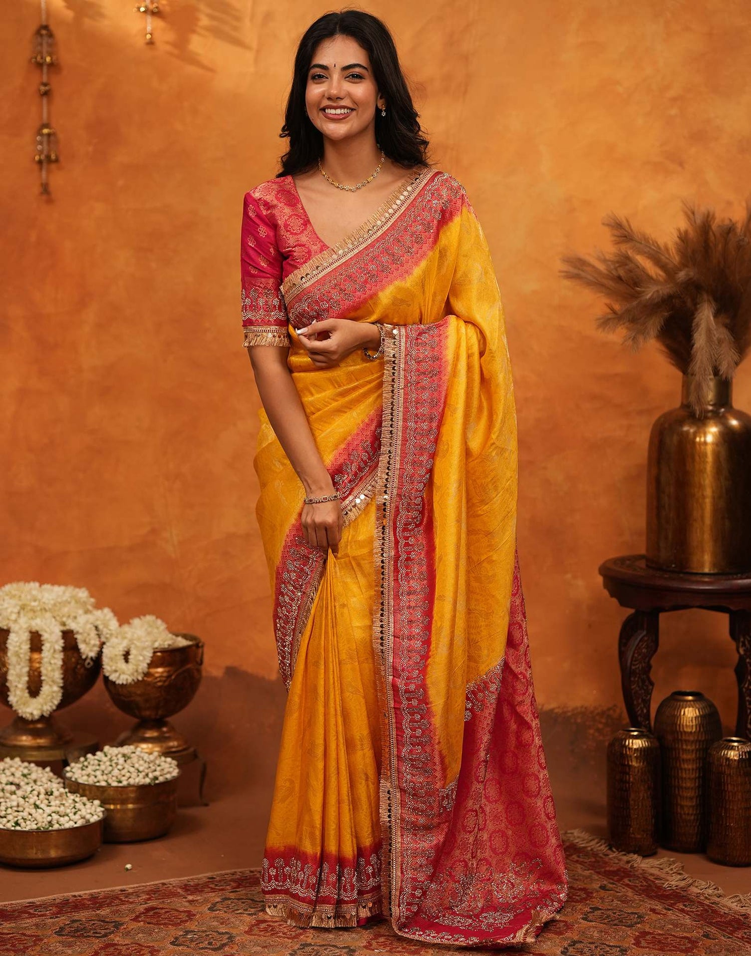 Yellow Silk Woven Stone Work Banarasi Saree