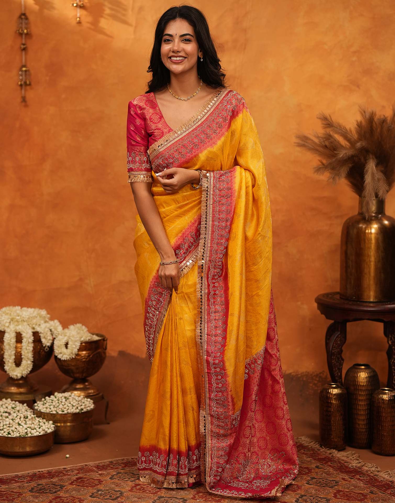 Yellow Silk Woven Stone Work Banarasi Saree