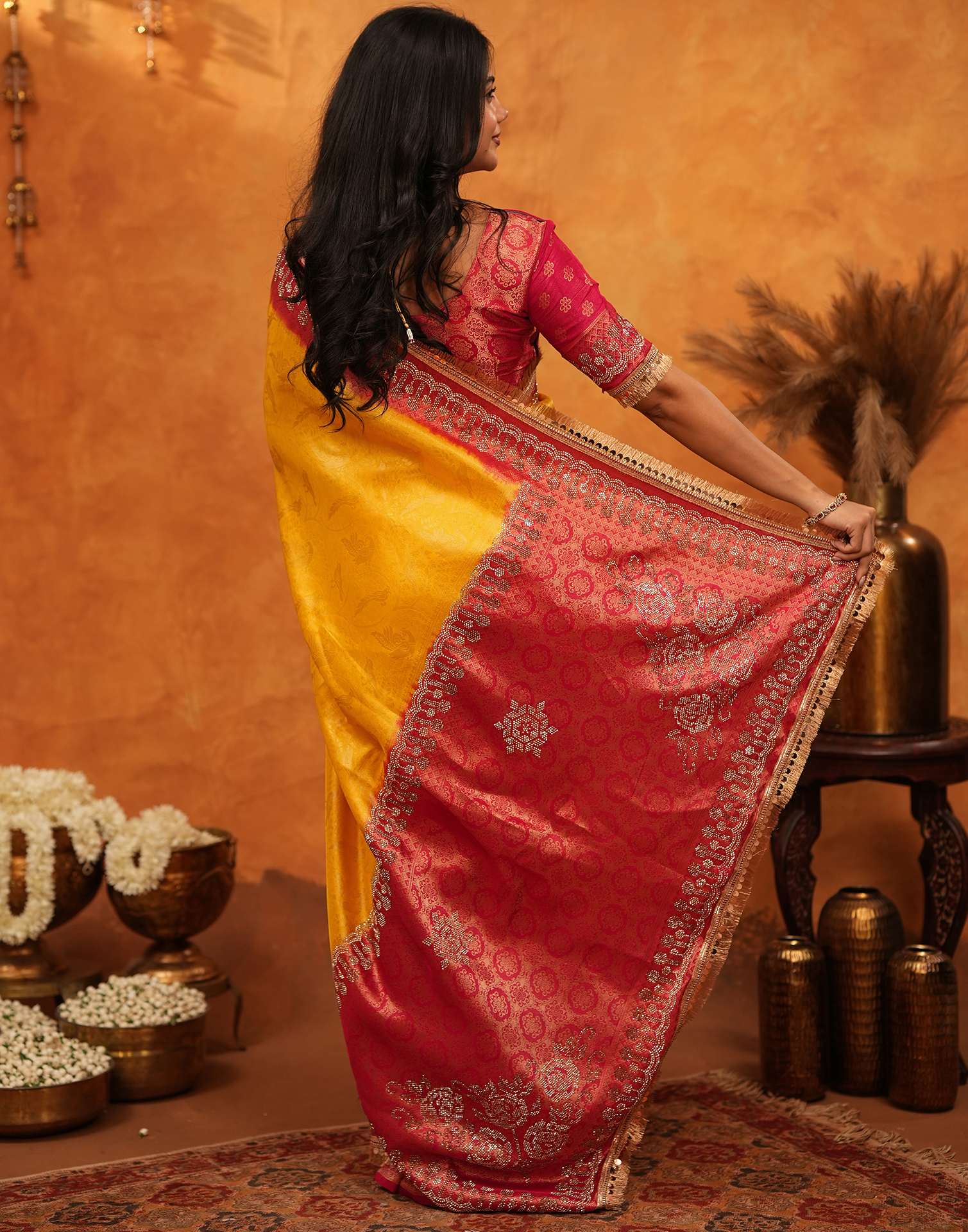 Yellow Silk Woven Stone Work Banarasi Saree