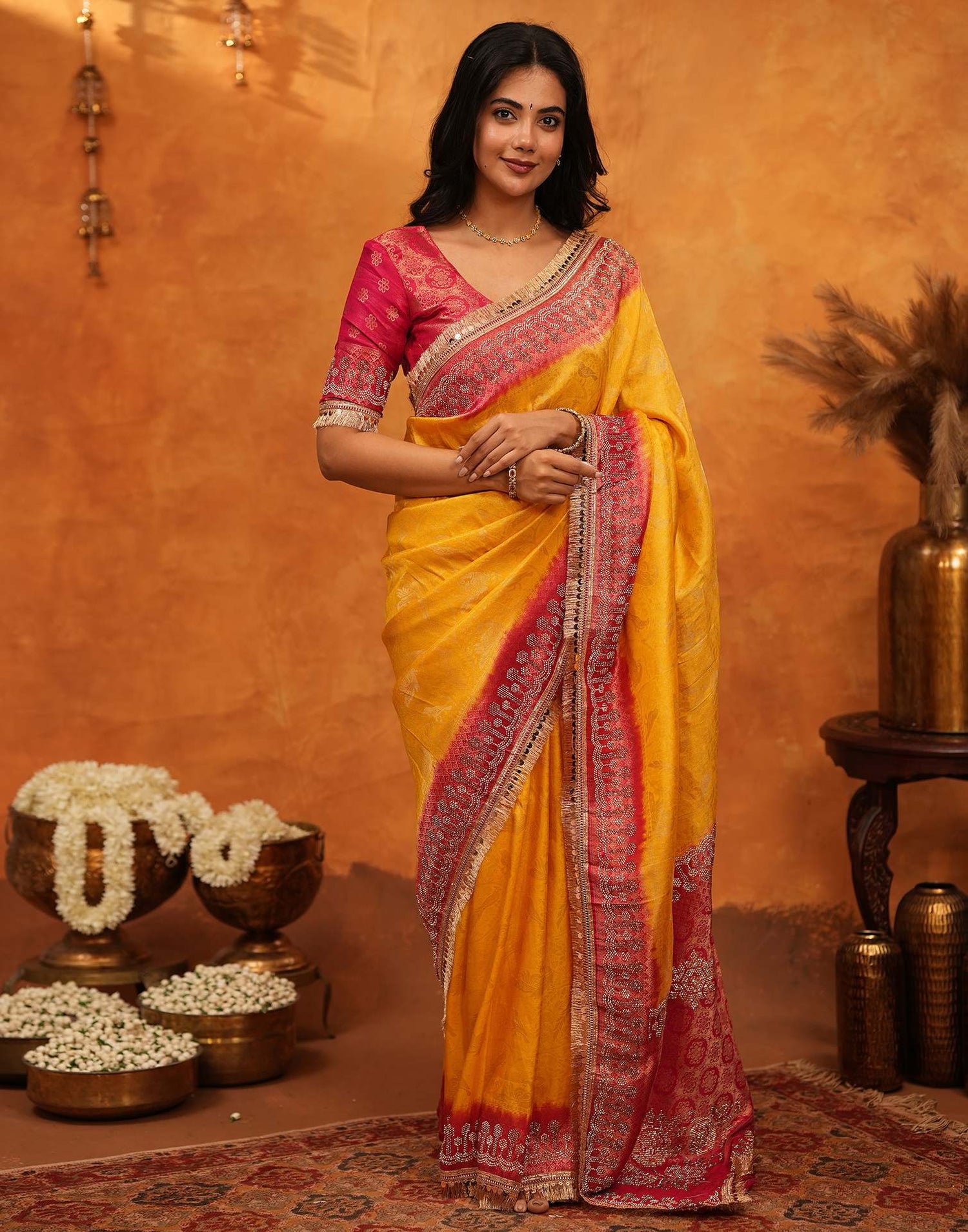 Yellow Silk Woven Stone Work Banarasi Saree