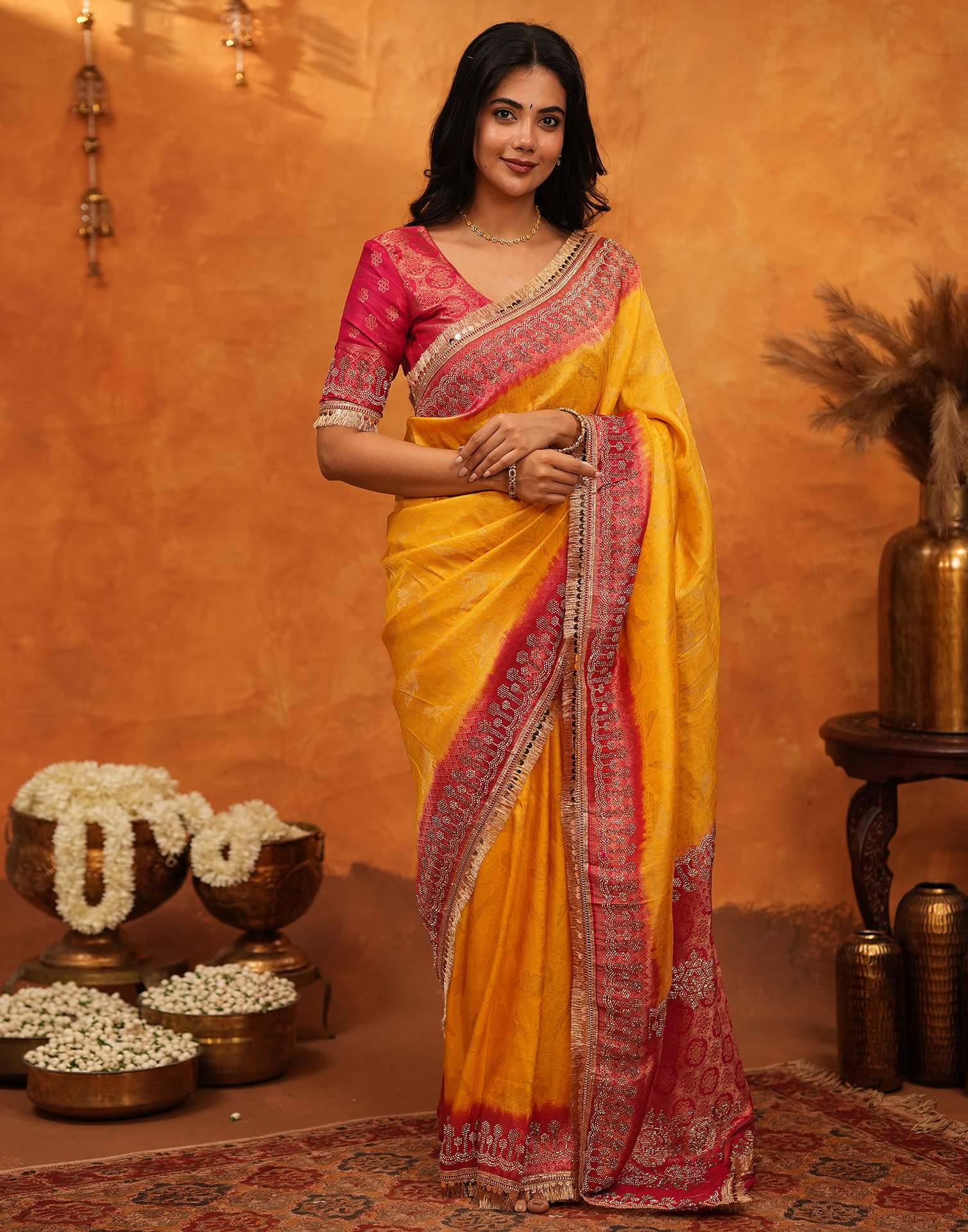 Yellow Silk Woven Stone Work Banarasi Saree